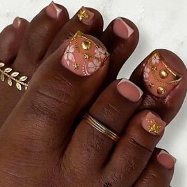 Short Press on Toenails French Tip Fake Toenails with Gold Charm Designs Square Toe Nail Press ons Matte Artificial Nails for Women 24Pcs