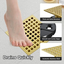 4 Inch Square Shower Floor Drain, Brushed Gold 304 Stainless Steel Shower Floor Drain Kit Compatible with Schluter Kerdi-Drain Flange, Removable Grid Cover Hair Strainer Catcher,CUPC Certified
