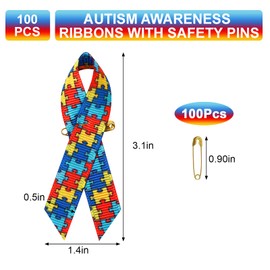 CRAFFANCY Autism Ribbon Pin, 100 Pcs Satin Pins Autism Awareness Ribbon Pins Brooch Colorful Ribbon Brooch with Safety Pins for Women and Men