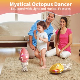 SWTOIPIG Interactive Dancing Octopus Toy,LED Light-Up Music Crawling Squid with Smart Obstacle Avoidance & Fishing Rod,Tummy Time Baby Toy,Musical Toy for 3 4 5 6 Year Old Boys and Girls(Yellow)
