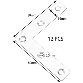 12 PCS Stainless Steel Furniture Connection Plates,Flat Metal Repair Mending Fixing Plate Brackets Support (L-Shaped)