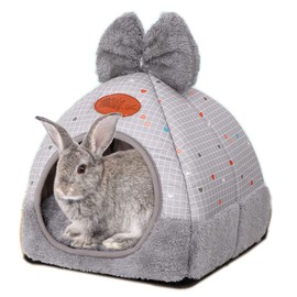 Bunny Bed Hideout House Cage Accessory for Rabbit Guinea Pig Chinchilla Hamster Cozy Squirrel Hedgehog and Warm Rabbit Bed with Cute Bowknot Design(Grey)