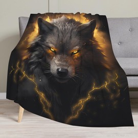 Huke Wolf Gifts Blanket, Black Gold Fire Lightning Wolf Throw Blankets,Wolf Gifts for Men Women Kids, Unique Wolf Gifts for Wolf Lovers, Wolf Gifts for Boys Girls, Cool Wolf Decor,60"X50"