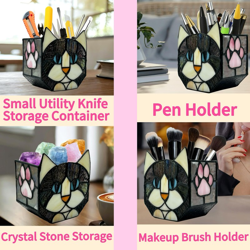 Entlityful Stained Glass Black Cat Flower Pot,Succulent Pots with Drainage,Unique