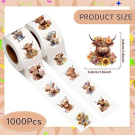 Luvsweets Highland Cow Stickers for Kids - 1000Pcs Watercolor Flower Cow Stickers, Highland Cattle Decals, Cartoon Animal Sticker for Water Bottles Scrapbook Envelopes Party Favors, 16 Designs