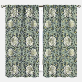Floral William Morris Vintage Curtain,Gray Green Yellow Window Traetments for Bathroom Living Room Kitchen Farmhouse Drapes for Women Girls Room 2 Panels, 42x45 Inch