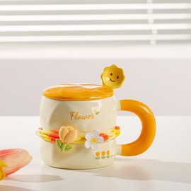 MAGICVOGEL Cute Flowers Coffee Cup 380 ml Flower Cup with Lid and Spoon Cute Tea Cup Milk Cup with Large Handle for Birthday Valentine's Day Christmas Mother's Day (Yellow)