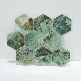 Miscasa Peel and Stick Marble Hexagon Tile – 6 Sheets Self Adhesive Glossy Green Marbled Wall Tiles for Kitchen Backsplash & Bathroom, Stick On Decorative Wall Tiles