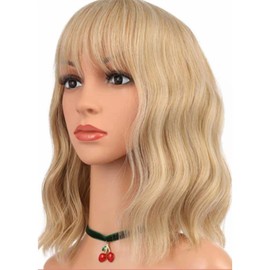 Peluca Rizada Falsa Peluca de Pelo Ondulado Rizado Corto Transpirable Suave Sintético con Flequillo para Mujer Mujer (Luz de oro)