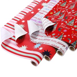 LaRibbons Christmas Wrapping Paper Set, Design with Winter Tree, Happy Holiday Lettering, Including Gift Tags, Ribbons and Jute Twine, for Xmas, Holiday, 17Inch × 10Feet (4 Rolls: 56.68sq.ft.ttl)