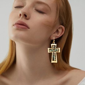 Firstmeet Vintage Cross Earrings Glass Bead Alloy Chunky Dangle Earrings for Statement of Faith(FE-5005-Green+Pink)