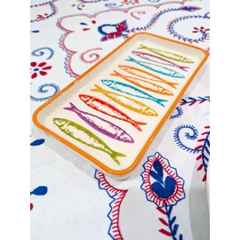 Portuguese Ceramic Rectangular Serving Platter with Colorful Fish Design, Traditional Sardines Pattern, Orange Trim