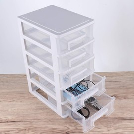 Healeved 5 Drawer Desktop Storage Organizer Clear Small Drawer Desktop Storage Unit Makeup Holder Stationary Organizer Office Supplies White