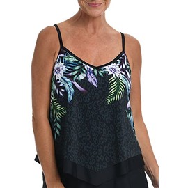 Maxine of Hollywood Women's Standard V-Neck Flutter Tankini Swimsuit Top, Black//Fiji Floral, 14