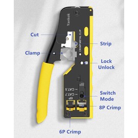 Yankok [All-in-One Pass Through Crimper] Crimps RJ45 Pass-Thru and RJ12 RJ11 Standard CAT5/5e CAT6 Unshielded and CAT6a CAT7 Shielded Network Connectors Strips and Cuts Ethernet Cables Yellow