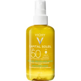 Agua Solar Protectora Corporal Hidratante con Ácido Hialurónico y Vitamina E, Protección Avanzada UVA/UVB FPS50 Capital Soleil Vichy 200ml