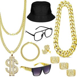 Hip Hop Costume Kit 10 Pieces Rapper Accessories, 80s 90s Men's Hip Hop Accessories with Bucket Hat Sunglasses Gold Chain Dollar Necklace Ring Bracelet, Costume for Carnival Theme Parties (A)