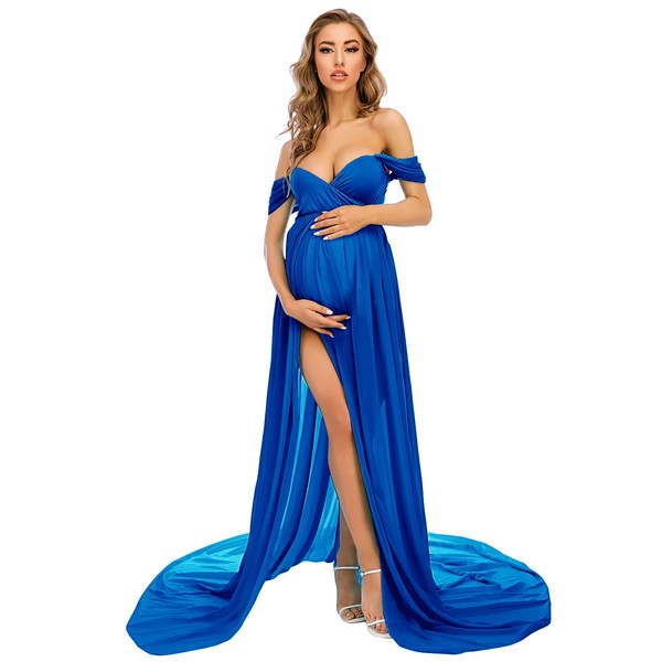 ZIUMUDY Vestido de maternidad para sesión de fotos, vestido de maternidad de gasa dividida, Azul Real, XL