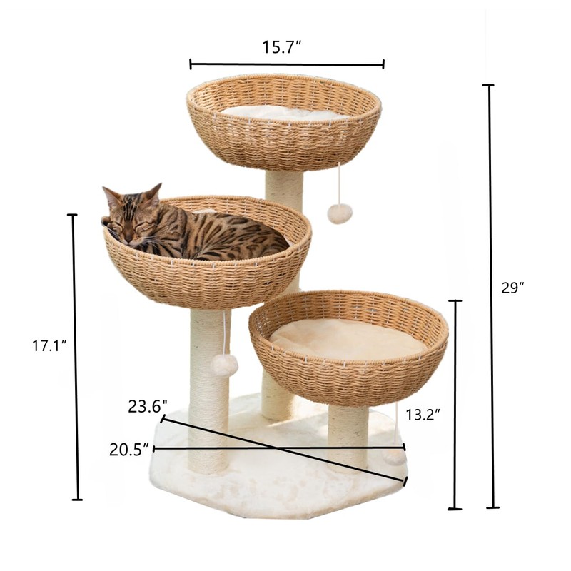 SHENGOCASE Cat Tree Tower with Rattan Wicker Basket, 3 Handwoven