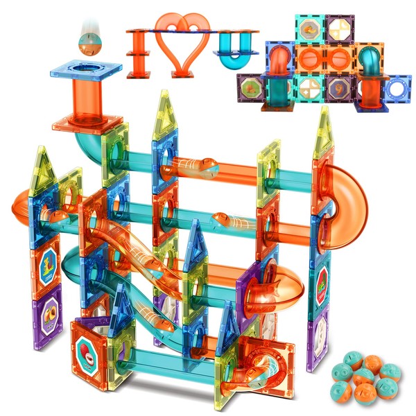 Magnetic Tiles Marble Run for Kids, 98PCS Clear 3D Building Blocks Set Race Track Toy Construction Kit Castle Building Blocks for Toddlers Kids Aged 3 4 5 6 7 8 9 10+ Years Old