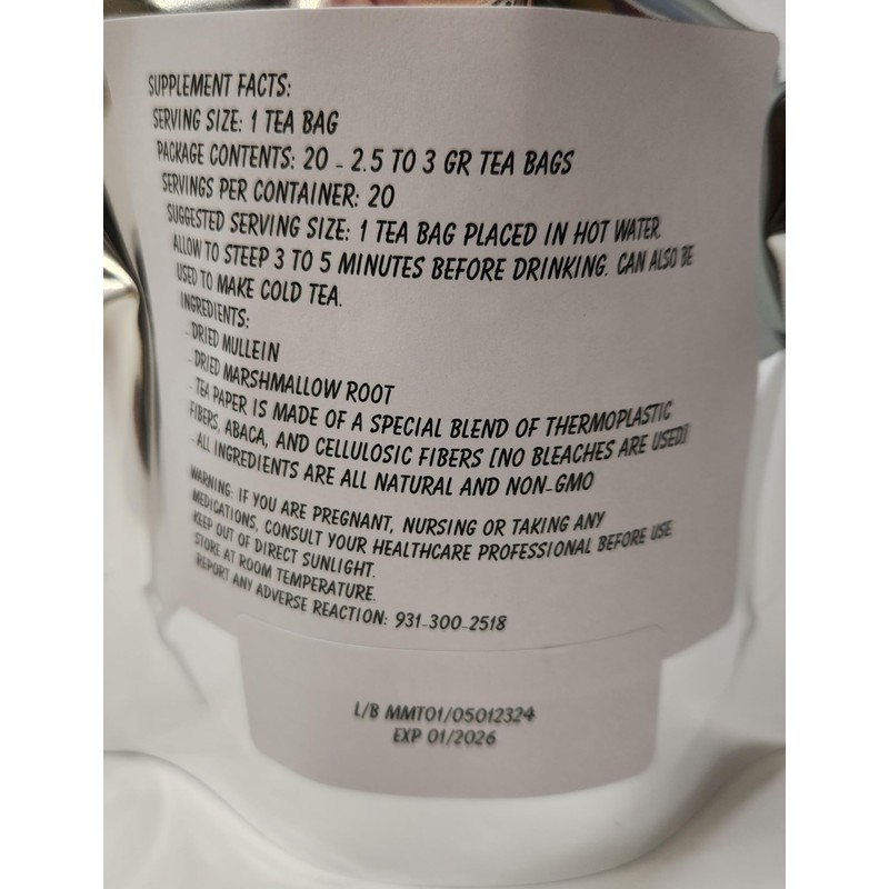 Mullein Leaf Marshmallow Root Blend Tea Bags - All Natural