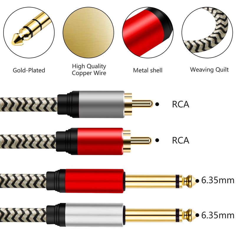 2x6.35 mm to 2RCA Cable,Dual 1/4 inch TS Stereo Jack