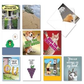 NobleWorks - 10 Funny I Miss You Cards Assorted - Boxed Stationery Notecards, Humor Friendship Animal Greetings - Miss U Much AC3695MYG-B1x10