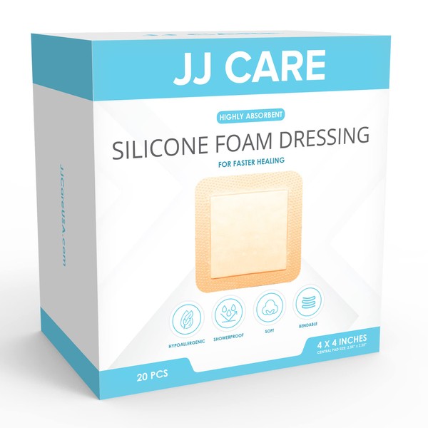 JJ CARE Silicone Foam Dressing [Pack of 20], 4x4 Foam Wound Dressing with Silicone Adhesive Border, Showerproof and Absorbent Medical Bandages
