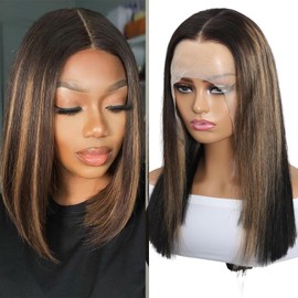 TSHELOVE Brown Highlight Lace Front Wig Human Hair Bone Straight Bob Wigs Pre Plucked, 1B/30 Honey Blonde Transparent Lace Front Wigs Human Hair Wigs For Black Women 220% Density 12 Inch