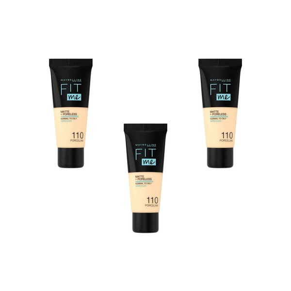 Maybelline New York Make-Up, Fit Me. Matte + Poreless Make-Up No. 110 Porcelain, Mattifying and Pore Refining, All Skin Types, 30 ml