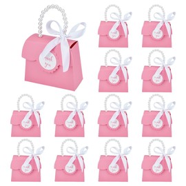 BENECREAT 16 Sets Pink Wedding Favors Box DIY Set, 7.8×5.3×2.2 inch Kraft Paper Box with Pearl Handle, Ribbons, Stickers, Gift Boxes for Birthday, Party Favor, Boutique, Wedding