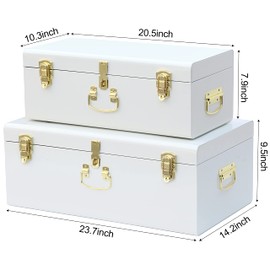 Vixdonos Decorative Metal Box Storage Trunks Set of 2 College Dorm Chest with Lock Hole,23.7X14.2X9.5 Inches(White)