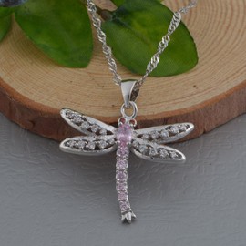 Goldenchen Fashion 925 Sterling Silver Marquise-Shaped Gemstone and Cubic Zirconia Dragonfly Pendant Necklace (Pink)