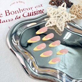 24Pcs Yellow French Tip Press Nails Long Almond False Nails Glossy Full Cover Nude Design Glue on Nail Crescent Moon Acrylic Fake Nail Reusable for Women