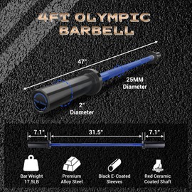 4FT Olympic Barbell Bar - 500LB Weight Capacity, Fits 2" Standard Plates, Includes 2 Spring Collars - High-Density Steel, Knurled Grip for Home Gym, Strength Training
