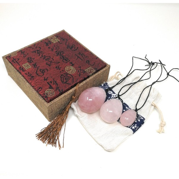 THY COLLECTIBLES Set of 3 Drilled Yoni Eggs Rose Crystal Quartz Jade Egg for Kegel Exercise Pelvic Floor Muscles Vaginal Exercise Ben Wa Ball Health Care for Women Brocade Gift Box & Pouch