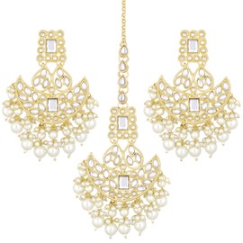 Aheli Gold Plated White Kundan Studded Dangle Earrings & Maangtikka Set Ethnic Fashion Jewelry Gift for Women