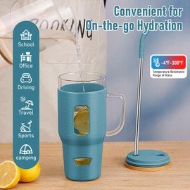 VQSV Glass Tumbler with Lid and Straw, 40 oz Iced Coffee Cup with Handle, Glass Water Bottles with Silicone Sleeve, BPA Free (Dark Blue)