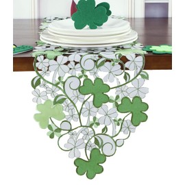 GRANDDECO St. Patrick's Day Spring Table Runner,Applique Embroidered Cutwork Clover Dresser Scarf, Home Kitchen Dining Tabletop Decoration,Runner 13"×83", Green