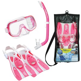 TUSA Sport Youth Mini-Kleio Hyperdry Mask, Snorkel, Fins Travel Set, Clear Pink, Small (UP-0201CP-S)