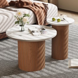 Concho Nesting Coffee Table Walnut, Marble and Round End Tables Living Room with Brushed Aluminum Edges, Fluted Side Table Set of 2 with Wood Frame, Modern Drink Desk for Bedroom, Office