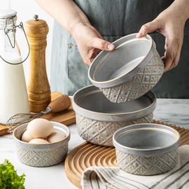 MISSYSSIM Ceramic Mixing Bowls with Lids Set of 4, Embossed Nesting Storage Bowls for Cooking, Serving, Salad, Popcorn etc, Microwave and Dishwasher Safe, Baking Dishes 12/16/28/40 oz (Gray)