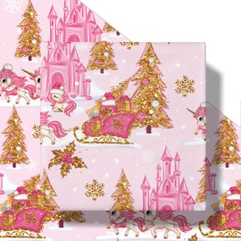 RUSPEPA Princess Christmas Wrapping Paper Roll, Mini Roll, Unicorn Sleigh, Castle and Golden Tree Design, Pink Gift Wrap for Girls, Kids, Friends, Family, Xmas, Holiday Party, 17 Inches x 16.4 Feet