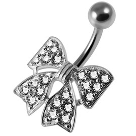 AZARIO LONDON White Color Fancy Bow Crystal Stone Shape Sterling Silver Belly Bars Piercing