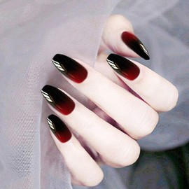 Zehory Glossy Press on Nails Black Coffin Full Cover Fake Nails Acrylic False Nail for Women and Girls (24Pcs) (Red Black)