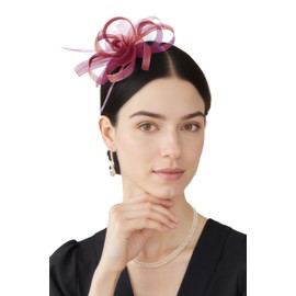 BABEYOND Fascinators Hats for Women - Tea Party Hats Kentucky Elegant Tulle Feather Bridal Wedding Ribbon Headband Hair Clip Wine Red