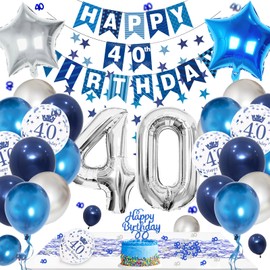 40th Birthday Decoration, 40th Birthday Men with Blue Silver Birthday Decoration, 40th Birthday Blue Retro Lace Tablecloth for Men Women Party Decoration 40th Birthday