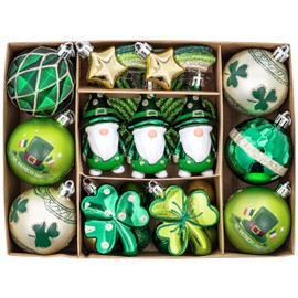 Valery Madelyn St Patricks Day Decorations Shamrock Tree Ornament,30pcs Hanging Ball Ornament Gnome Decor for Irish Festival, Good Luck Clover Emerald Green Gold Christmas Ball for Party Home Spring