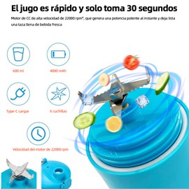 Batidora Portátil, Vaso de 18 onzas, Licuadora personal Recargable con USB-C, Tapa anti fugas y Boquilla para Beber, Piezas Aptas para Lavaplatos sin BPA(Azul)