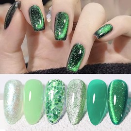 Born Pretty Jelly Gel Nail Polish, Christmas Glitter Gel Polish, Green Cat Magnetic Eye Gel Nail Polish, Sheer Crystal Transparent Auroras Pearl Nail Manicure 6PCS 7ml